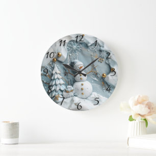Jolly Snowman in Christmas Scene Large Clock