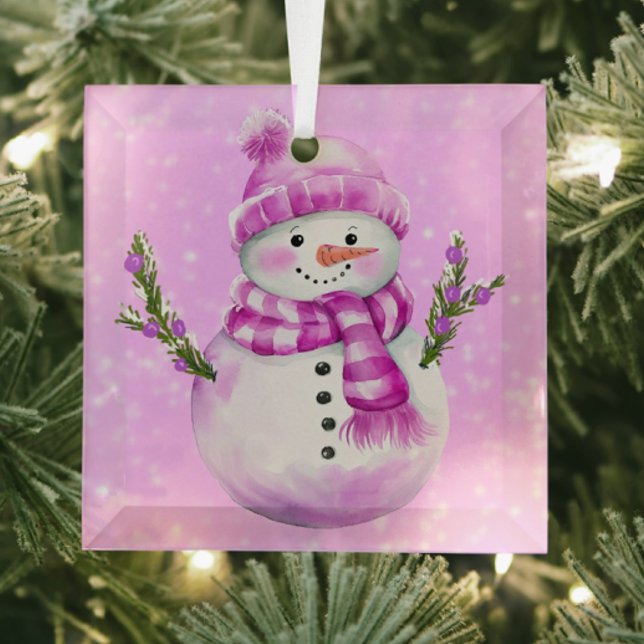 Jolly Snowman Pink  Glass Tree Decoration (.jolly snowman on this lovely ornament)
