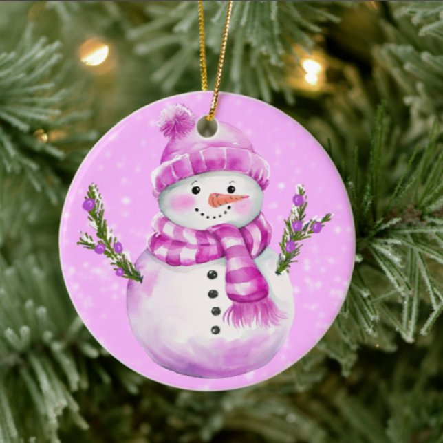 Jolly Snowman Pink Personalized Ceramic Tree Decoration (Personalize the back with your own message)