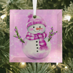 Jolly Snowman Pink Personalized Glass Tree Decoration