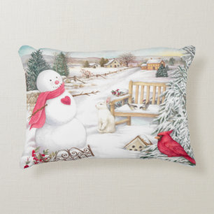 Jolly Snowman with Cardinal and Bunny Decorative Cushion