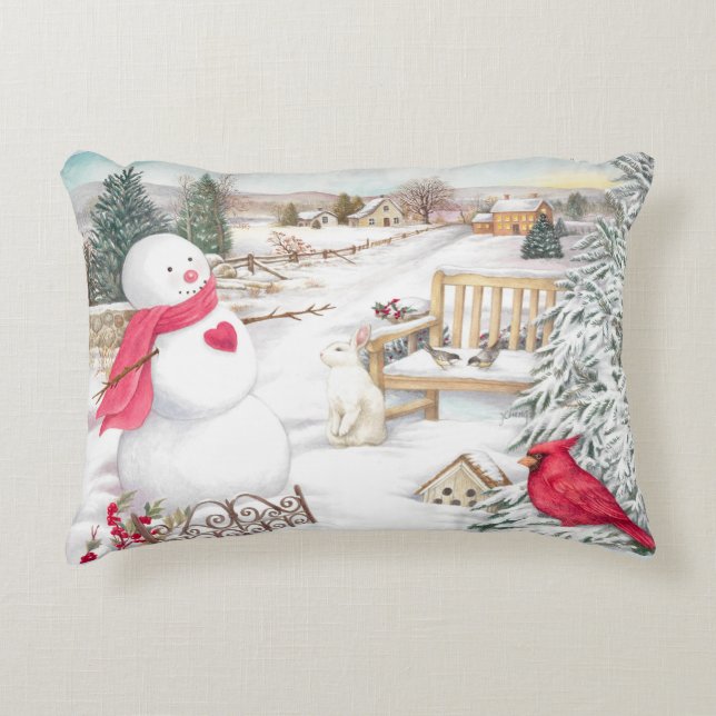 Jolly Snowman with Cardinal and Bunny Decorative Cushion (Front)