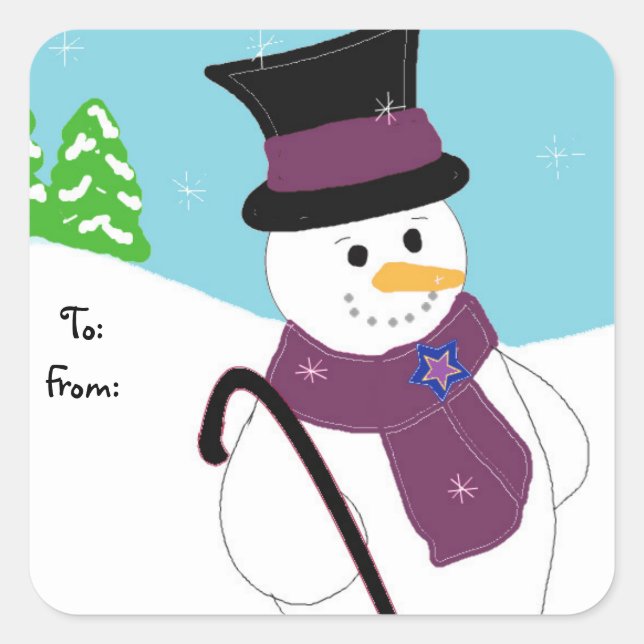 Jolly Snowman with Hat and Cane Square Sticker (Front)