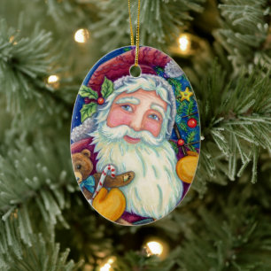 JOLLY ST NICK & TEDDYBEAR, OLD FASHIONED CHRISTMAS CERAMIC TREE DECORATION