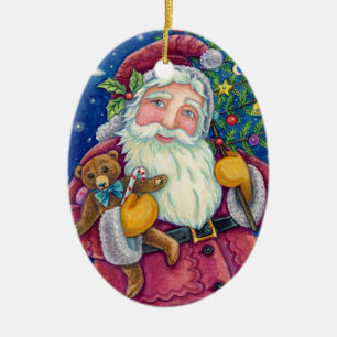 JOLLY ST NICK & TEDDYBEAR, OLD FASHIONED CHRISTMAS CERAMIC TREE DECORATION
