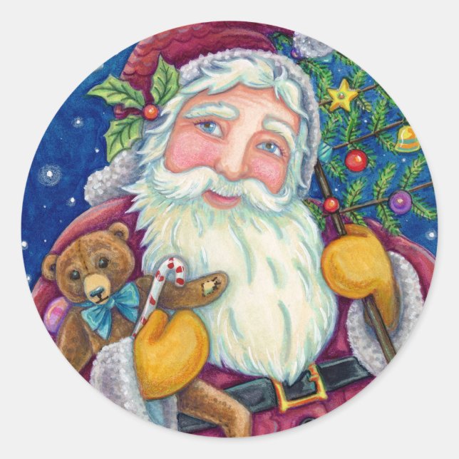 JOLLY ST NICK & TEDDYBEAR, OLD FASHIONED CHRISTMAS CLASSIC ROUND STICKER (Front)