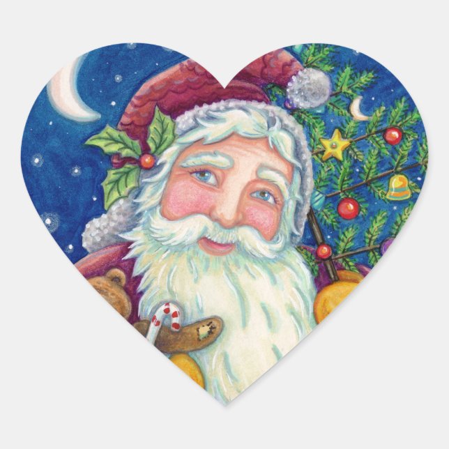 JOLLY ST NICK & TEDDYBEAR, OLD FASHIONED CHRISTMAS HEART STICKER (Front)