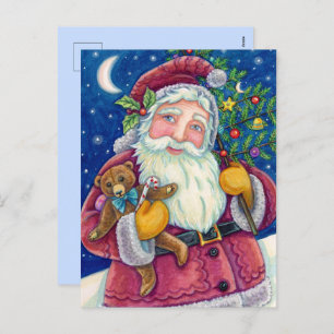 JOLLY ST NICK & TEDDYBEAR, OLD FASHIONED CHRISTMAS HOLIDAY POSTCARD
