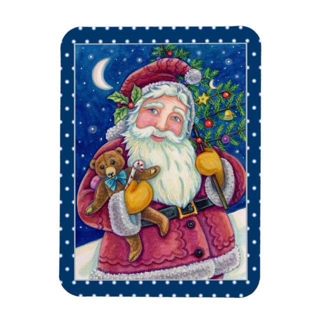JOLLY ST NICK & TEDDYBEAR, OLD FASHIONED CHRISTMAS MAGNET (Vertical)