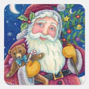 JOLLY ST NICK & TEDDYBEAR, OLD FASHIONED CHRISTMAS SQUARE STICKER