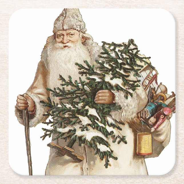Jolly St Nick With Christmas Tree Square Paper Coaster (Front)