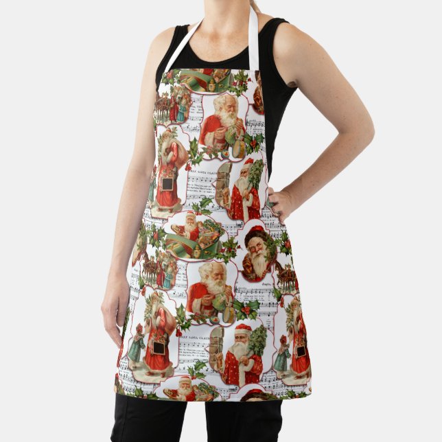 Jolly Vintage Santa, Holly & Music Collage Apron (Insitu)