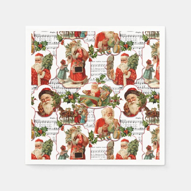 Jolly Vintage Santa, Holly & Music Collage Napkin (Front)