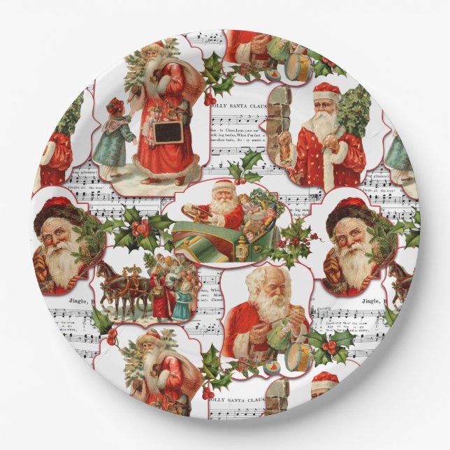 Jolly Vintage Santa, Holly & Music Collage Paper Plate (Front)