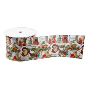 Jolly Vintage Santa, Holly & Music Collage Satin Ribbon