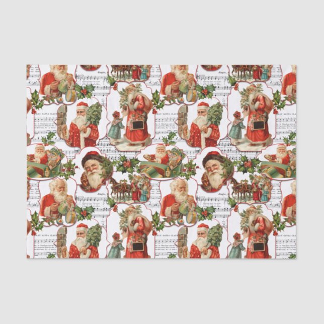 Jolly Vintage Santa, Holly & Music Collage Tissue Paper (Front)