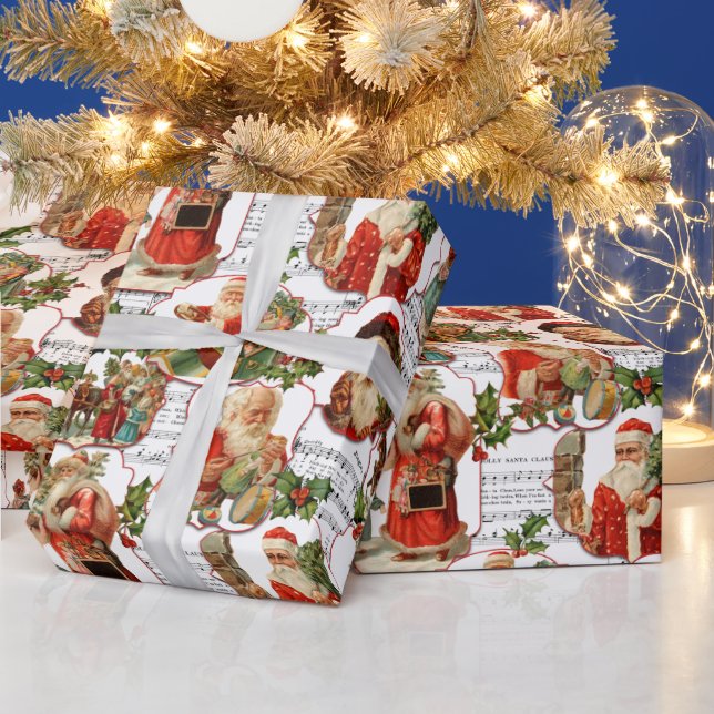 Jolly Vintage Santa, Holly & Music Collage Wrapping Paper (Holidays)