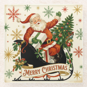 Jolly Vintage Santa Sleigh Ride Holiday Glass Coaster