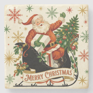 Jolly Vintage Santa Sleigh Ride Holiday Stone Coaster