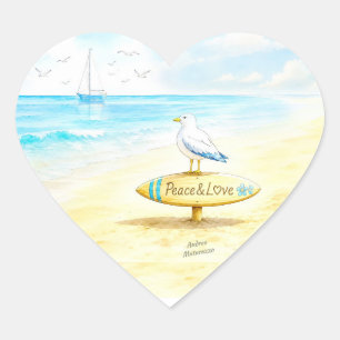 Jon Seagull - Peace & Love  Heart Sticker