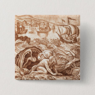 Jonah and the Whale, illustration from a Bible, en 15 Cm Square Badge