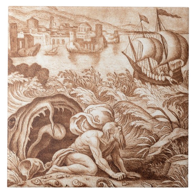 Jonah and the Whale, illustration from a Bible, en Tile (Front)