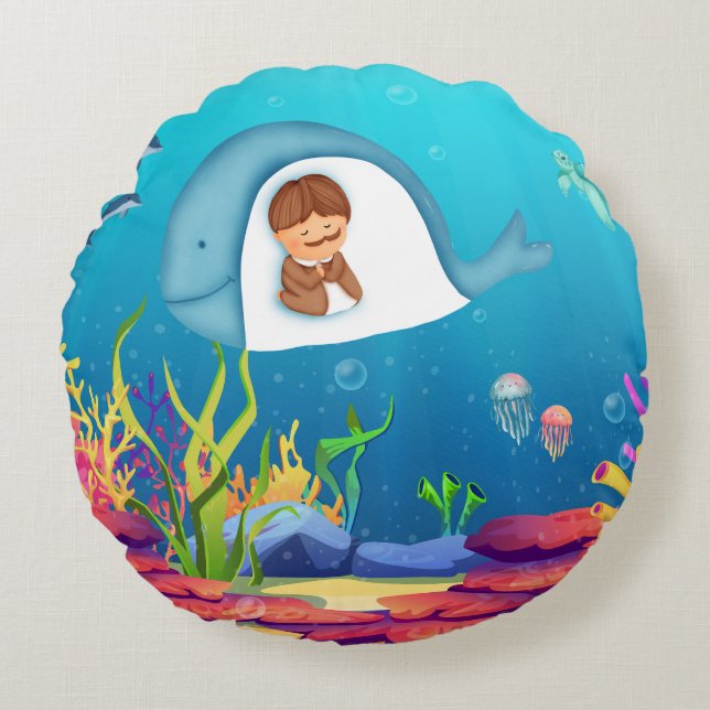 Jonah and the Whale Kids Round Throw Pillow  (Front)