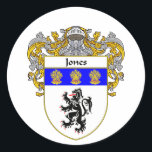 Jones Welsh Coat of Arms (Mantled) Classic Round Sticker<br><div class="desc">Gifts with your Jones Coat of Arms/Family Crest are always in style. Show your family heritage and dress your whole family. These high quality family crest shirts,  mugs and bags make great gifts for Father's Day,  Mother's Day,  birth days,  Christmas or just for the fun of it.</div>