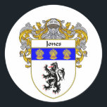 Jones Welsh Coat of Arms (Mantled) Classic Round Sticker<br><div class="desc">Gifts with your Jones Coat of Arms/Family Crest are always in style. Show your family heritage and dress your whole family. These high quality family crest shirts,  mugs and bags make great gifts for Father's Day,  Mother's Day,  birth days,  Christmas or just for the fun of it.</div>