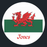 Jones Welsh Flag Classic Round Sticker<br><div class="desc">Everyone loves a flag and the Jones surname, long associated with Wales, and the bold green and white Welsh flag with the Welsh dragon were meant for each other. These high quality shirts, mugs and totes make great gifts for Father's Day and Mother's Day, makes a unique gift for birthdays...</div>