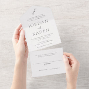 Jordan Grey Script Monogram Elegant Wedding All In One Invitation