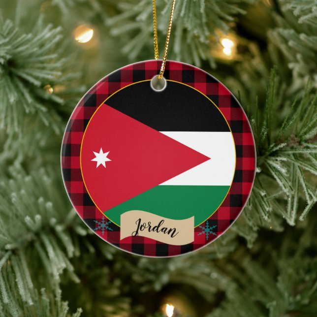 Jordan, Red buffalo plaid & Jordanian Flag Ceramic Tree Decoration (Tree)