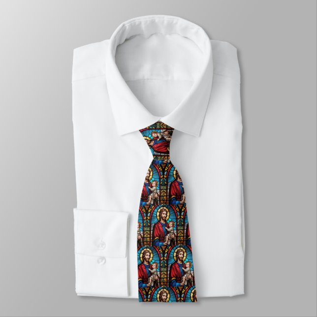 Joseph and Baby Jesus Christian Stained Glass Tie (Tied)