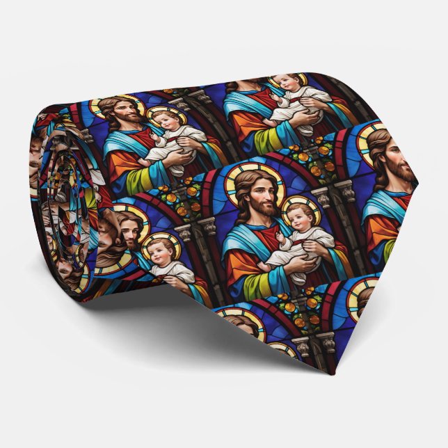 Joseph and Baby Jesus Christian Stained Glass Tie (Rolled)