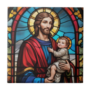 Joseph and Baby Jesus Christian Stained Glass Tile