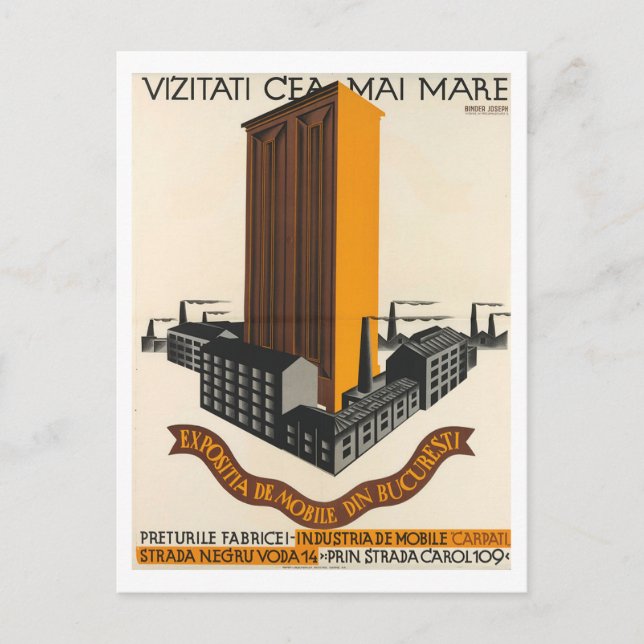 Joseph Binder, Budapest Furniture Exhibit Vintage Postcard (Front)