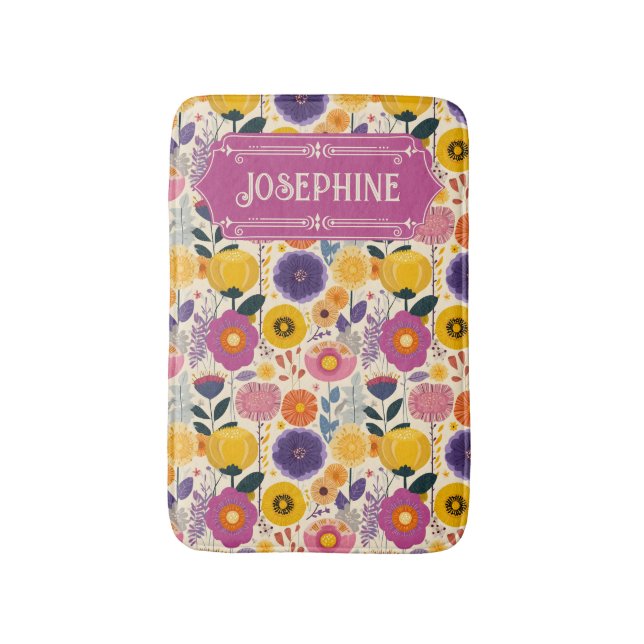 Josephine Colourful Purple and Yellow Modern Flora Bath Mat (Front Vertical)