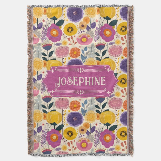 Josephine Colourful Purple and Yellow Modern Flora Throw Blanket (Front Vertical)