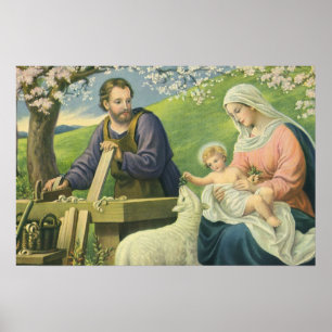 Joseph's Workshop with Mary and Baby Jesus Poster