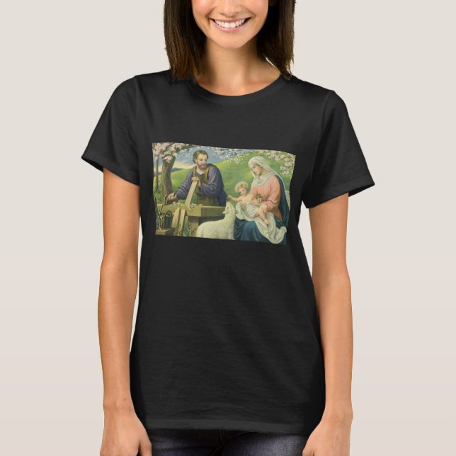 Joseph's Workshop with Mary and Baby Jesus T-Shirt (Front)