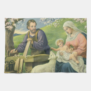 Joseph's Workshop with Mary and Baby Jesus Tea Towel