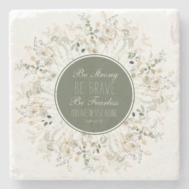 Joshua 1:9 Be Strong Green Wildflower Wreath Stone Coaster (Front)