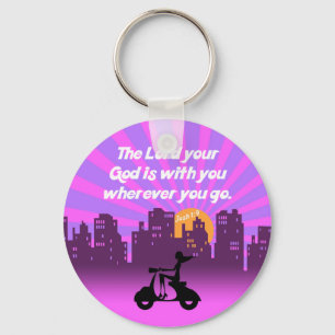 Joshua 1:9 Girl on Scooter w/Skyline - Bible Verse Key Ring