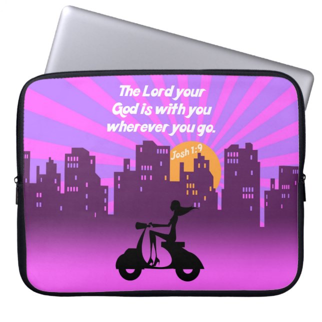Joshua 1:9 Girl on Scooter w/Skyline - Bible Verse Laptop Sleeve (Front)