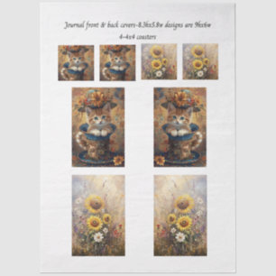 Journal Cover Cat in Cup & Sunflowers & Coasters  Tissue Paper