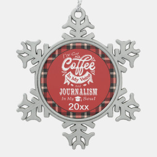 Journalism Student Coffee In My Veins Red Plaid Snowflake Pewter Christmas Ornament