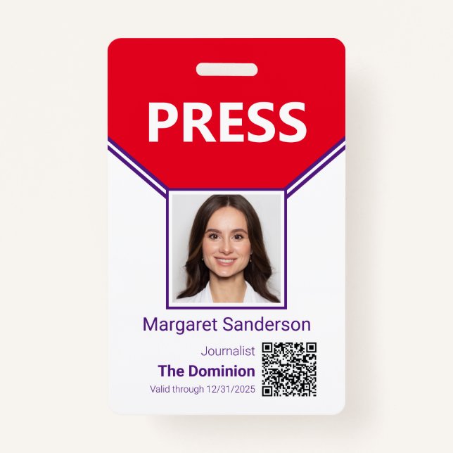 Journalist Photo ID and QR Code Press Pass ID Badge (Front)