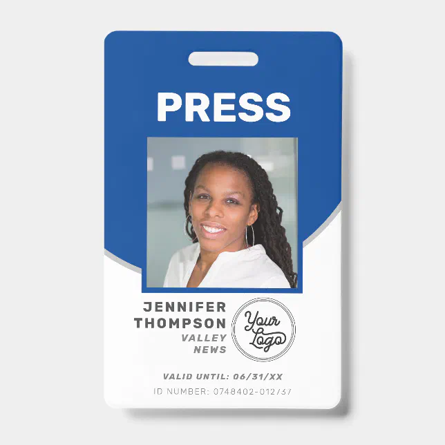 Journalist Press Pass Blue and White Photo ID Badge | Zazzle