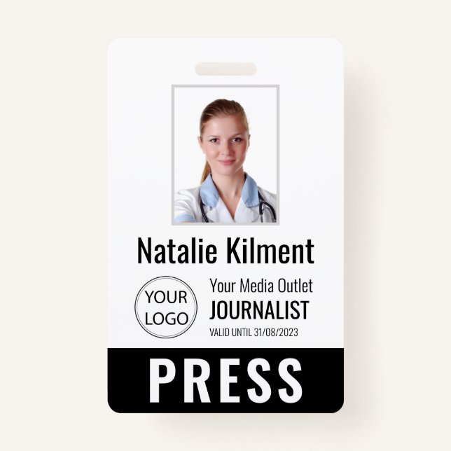Journalist Press Pass Photo Name Logo ID Black ID Badge (Front)