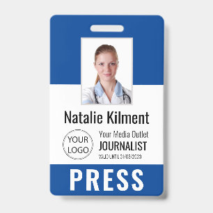Journalist Press Pass Photo Name Logo ID Blue Badge